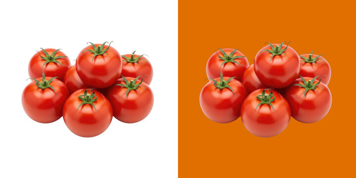 Fresh red tomatoes arranged in a group on two different color backgrounds transparent png