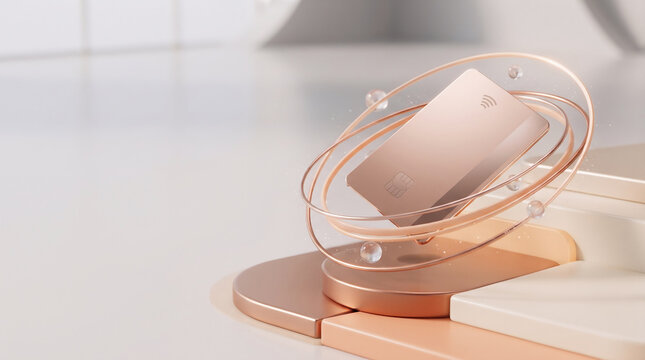 A rose gold credit card orbits within metallic rings and transparent spheres a modern financial concept cardholder chip and pin credit card