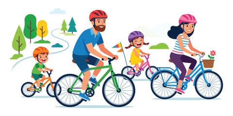 Naklejka premium Family Cycling Together, Parents And Children Riding Bicycles In Outdoor Nature Illustration