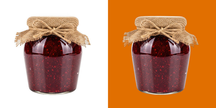 Jar of Raspberry Jam with Rustic Burlap Lid Cover and Twine Bow Decoration transparent png