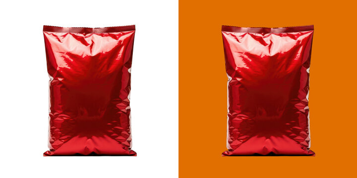 Shiny Red Foil Snack Pouch Packaging Mockup for Brand Design transparent png