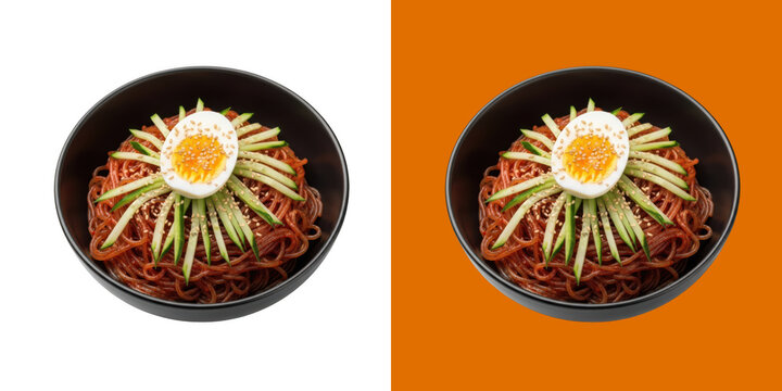 Korean spicy cold buckwheat noodles in black bowl with egg and cucumber transparent png