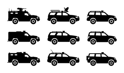 Armored SUV Icons, Security Vehicles, Tactical Transport Set, Black Silhouette Vector Graphics © Mondira