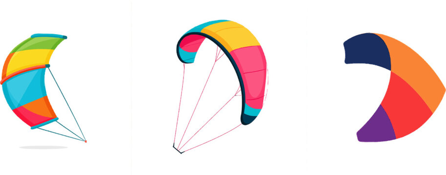 A premium, vibrant, and colorful flat vector icon of a large kiteboarding kite features modern UI elements, an exclusive minimalist design, and is isolated against a pure white background