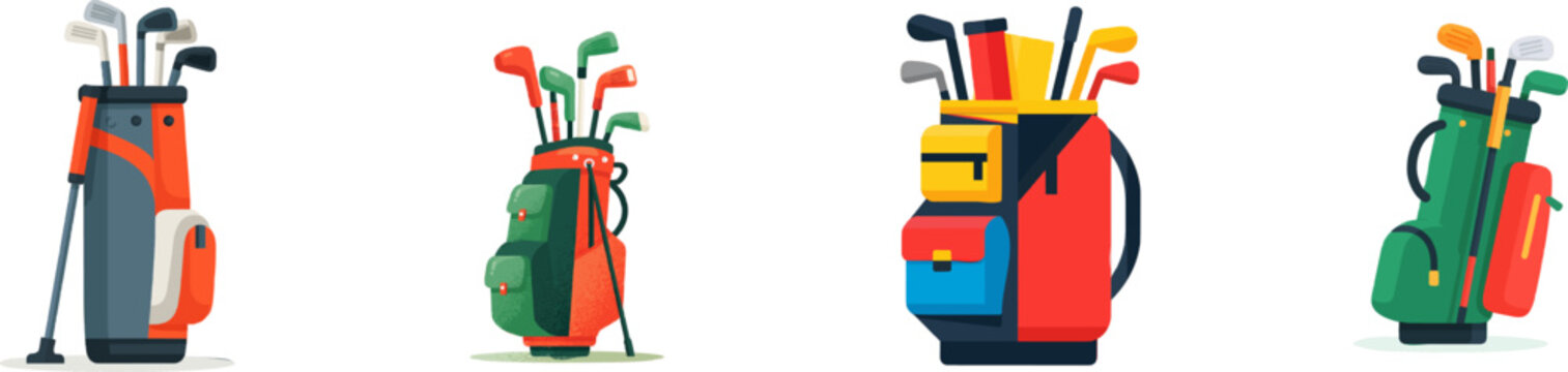 A premium colorful flat vector icon showcases a large golf bag filled with clubs in vibrant colors, featuring a modern UI style and exclusive minimalist design, isolated on a pure white background