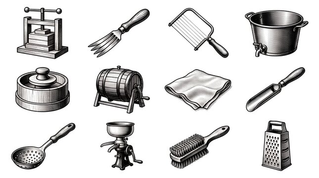 Professional kitchen equipment set featuring manual food preparation tools and gadgets.