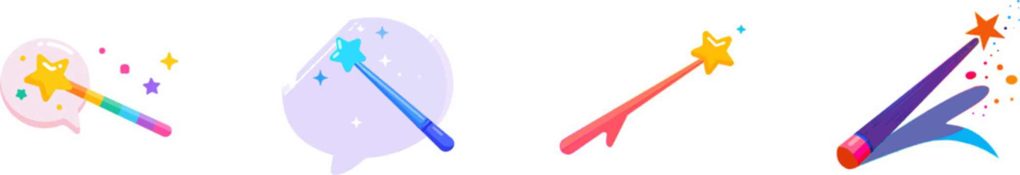 A premium colorful flat vector icon of a magical wand casting a spell in the shape of a funky speech bubble features vibrant colors, modern UI style, exclusive minimalist design, isolated on a pure