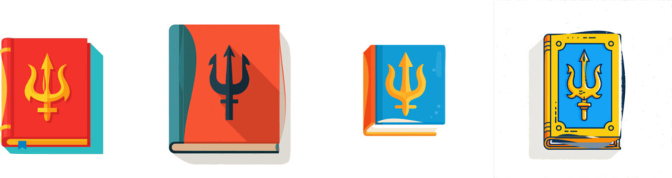 A premium colorful flat vector icon of a Mythology book featuring Poseidons trident in vibrant colors, modern UI style, exclusive minimalist design, isolated on a pure white background