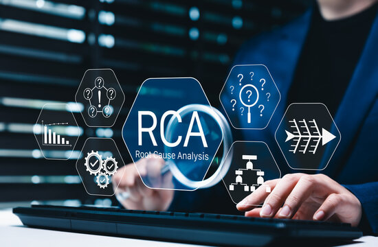 Root Cause Analysis (RCA) concept. Businesswoman analyzing data using root cause analysis on computer, visualizing workflow, problem-solving process for quality improvement, effective decision making
