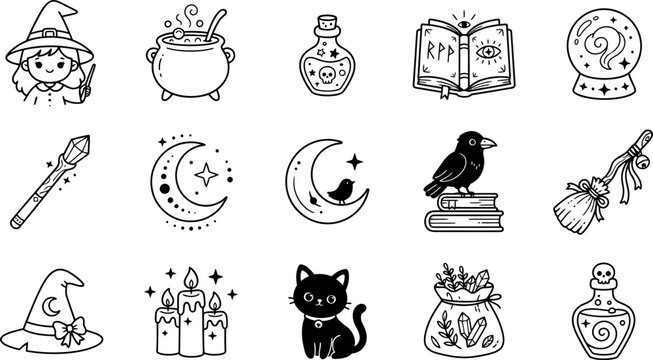 Set of hand drawn doodle stickers featuring magical elements cats books and mystical symbols in black ink
