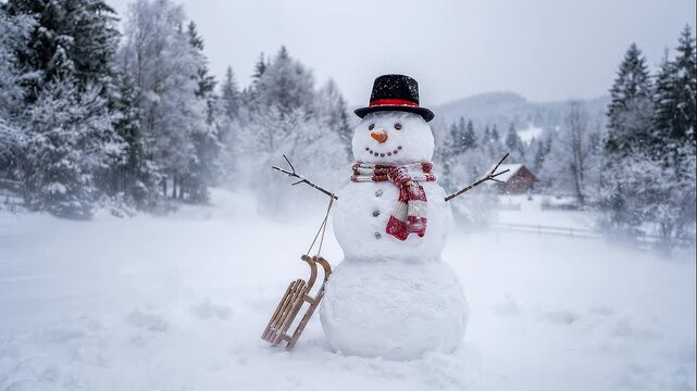 Un mu&ntilde;eco de nieve sonriente con sombrero de copa y bufanda en un paisaje invernal, junto a pinos nevados, bajo una suave ca&iacute;da de nieve.