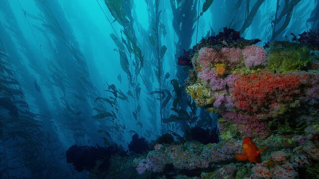 Vibrant underwater kelp forest teeming with colorful marine life and fish
