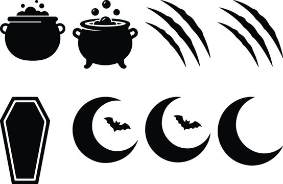 Halloween icons with cauldrons claw marks coffin and crescent moons with bats during night