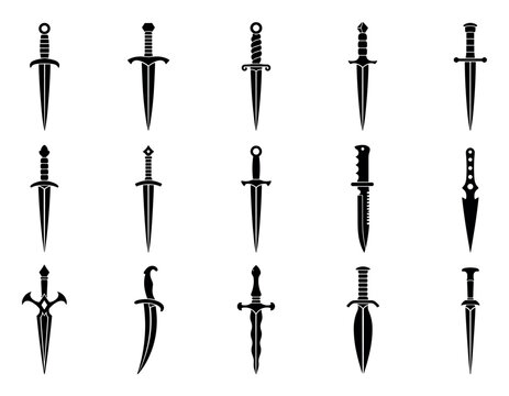 Black dagger and knife silhouettes featuring various medieval weapon designs, ancient blades, combat dirks, and fantasy swords for graphic design elements