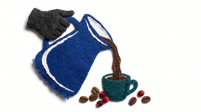 Blue coffee pot pouring fresh coffee into a green cup with beans  