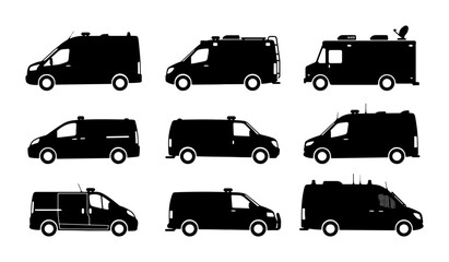 Naklejka premium Diverse Commercial Van Silhouettes, Delivery Vehicle Icons, Cargo Transport Vector Set