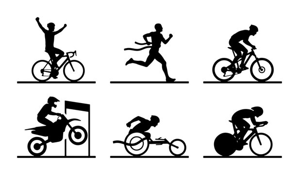 Diverse Sports Silhouettes: Cycling, Running, Motocross, Wheelchair Race, Triathlon Icons