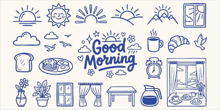 Whimsical hand-drawn breakfast and morning elements on a cream background with cheerful suns and clouds