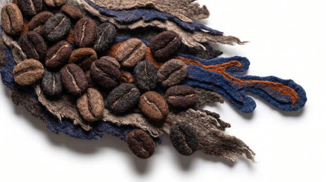 Coffee beans arranged on a textured fabric background  