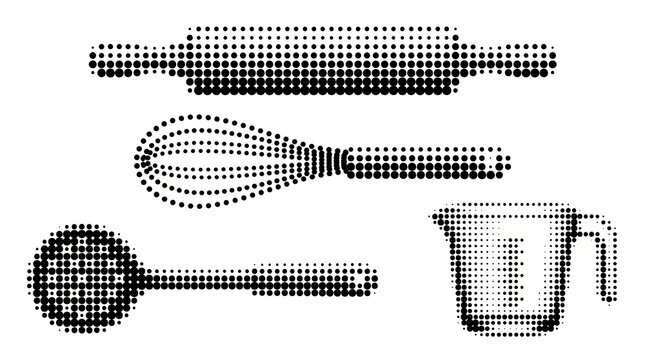 Kitchen utensil set with halftone dot pattern for baking and cooking preparation tasks.