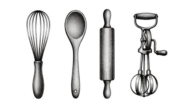 Kitchen tools set featuring dotted texture icons for baking and cooking preparation tasks.