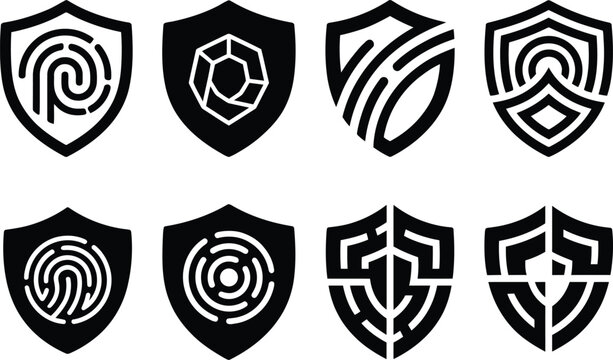 Cybersecurity shield icons set, 8 black vector security symbols. Biometric fingerprint and geometric protection logos for data privacy.