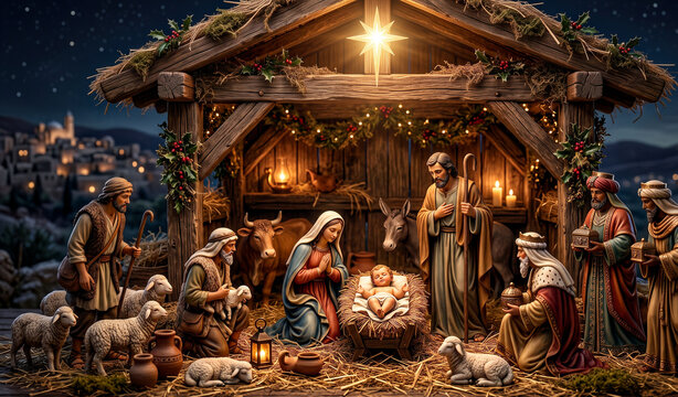 Plastic figures representing a Nativity scene