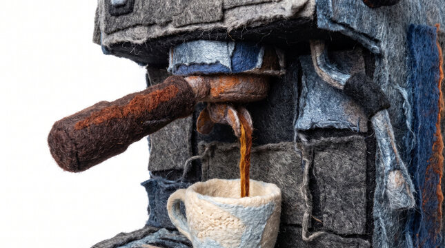 Espresso machine pouring coffee into a felt cup  