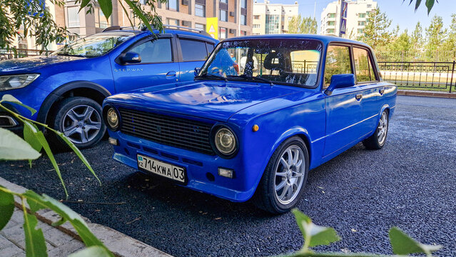 Classic blue Soviet-made Lada 2101 vintage car parked on the streets of Astana, a classic Soviet automobile (produced 1970&ndash;1988), Kazakhstan 01.08.2025