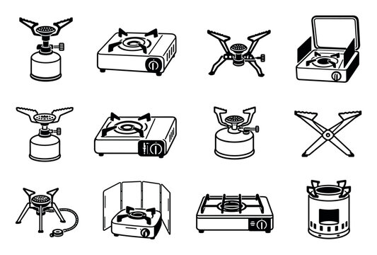 Portable camping stove and gas burner icons set featuring various outdoor cooking equipment designs for hiking, backpacking, and survival gear illustration