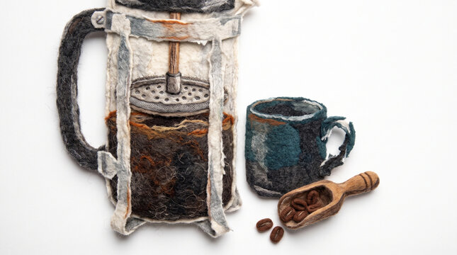French press coffee maker with cup and coffee beans on a table  