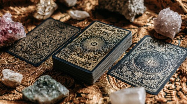 Up close view of ornate tarot cards surrounded by crystals on a textured fabric, emphasizing metaphysical themes and the mystical nature of spiritual practices