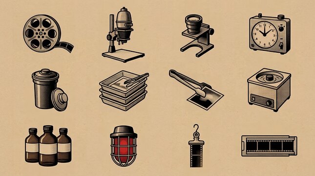 Vintage photography icons set featuring darkroom equipment and analog film tools on tan.
