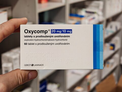 Prague,Czech Republic-8 April 2026:OXYCOMP, active substances OXYCODONE and NALOXONE, producer GEROT LANNACH, indication severe pain