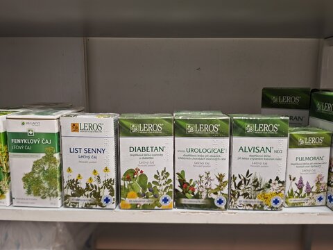 Prague,Czech Republic-12 April 2026:Leros herbal tea packages on pharmacy shelf