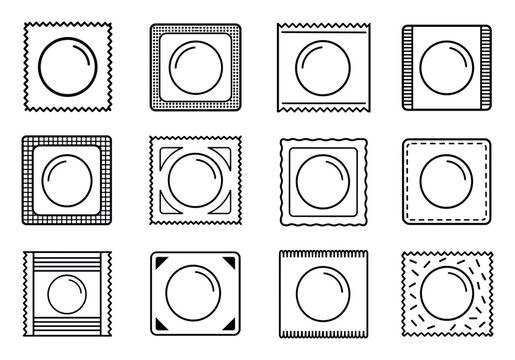 Condom wrapper line icons set representing safe sex, contraception, and family planning methods in a minimalist outline style