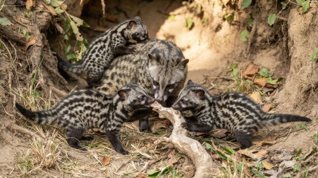 African Civet Family in Burrow: A mother African civet with her four adorable kits huddle together in their natural earthy burrow, showcasing the tender bond of family and the wild.