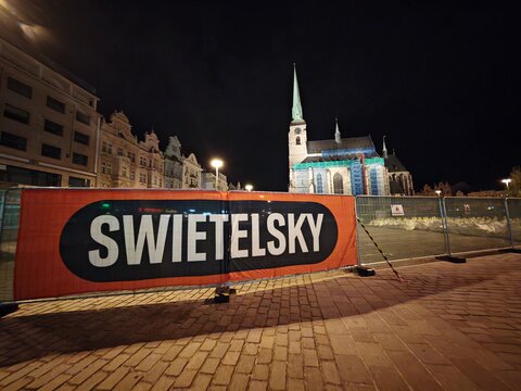 Plzen,Czech Republic-18 April 2026:Swietelsky construction fencing near Saint Bartholomew Cathedral, upper view