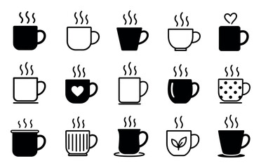 Obraz premium Coffee and tea cup vector icons set featuring various mug designs with steam, hearts, stripes, and polka dots for cafe menus and graphic design