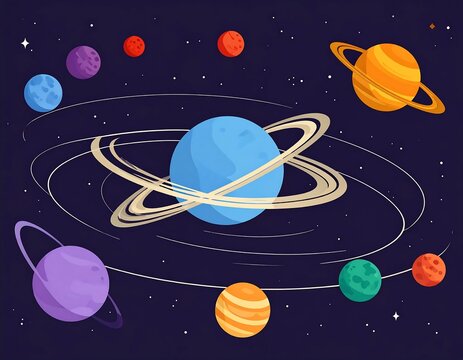 Solar system with planets and asteroids orbiting sun.