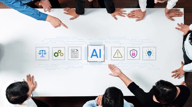 Business team discussing artificial intelligence concepts, legal implications, data security, and innovation strategies at modern office meeting table. Entropy.