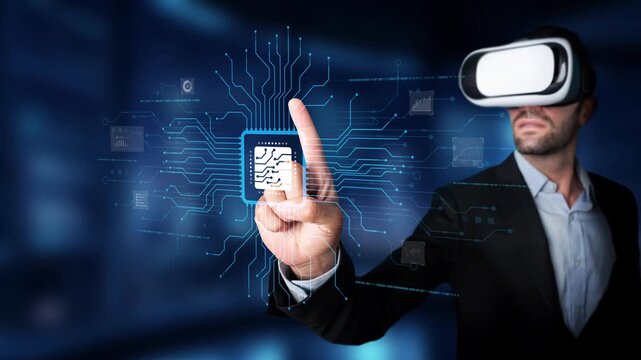 A businessman wearing virtual reality headset interacts with digital circuit elements, showcasing the convergence of technology and innovation in modern environments. Raster