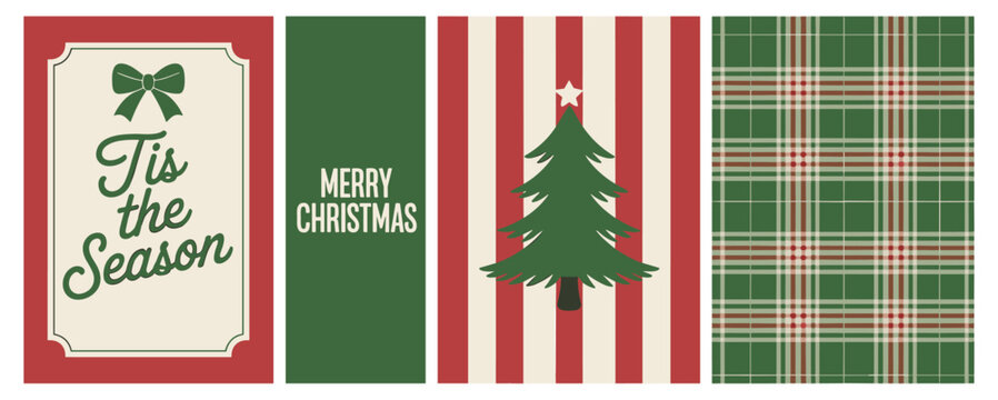 Set of four christmas greeting card with tis the season text, merry christmas typography, a green pine tree, and a red and green plaid tartan pattern