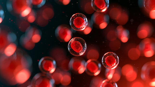 Microscopic view of parasitic oocysts under magnification stained bright red, foodborne parasites intestinal infections water pollution concept, defocused pathogen visualization,