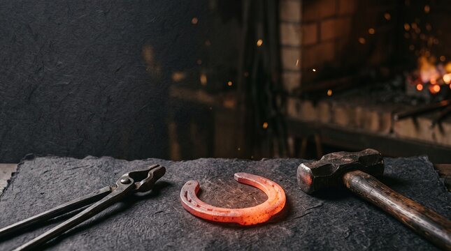 Blacksmith's Forge: A glowing horseshoe sits in the heat of a blacksmith's forge, surrounded by tools of the trade, with sparks flying in the background, evoking a sense of ancient craftsmanship.