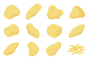 Naklejka premium Ginger root pieces and slices vector set featuring various cuts including chopped cubes, julienned strips, peeled chunks, and whole rhizomes for culinary design