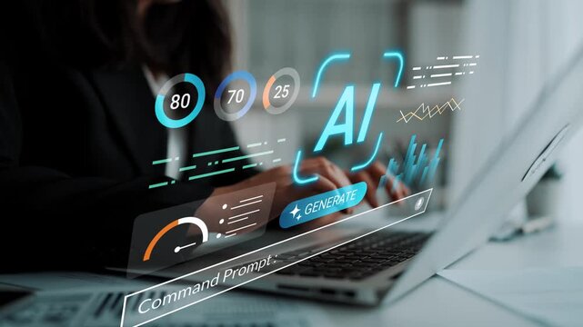 Professional using laptop with digital interface displaying interactive AI features, data metrics, and command prompt in modern workspace environment Gluon.