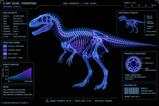 X-ray scan of theropod dinosaur skeleton illustration  