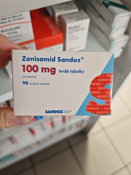 Prague,Czech Republic-2 August 2025:ZONISAMID SANDOZ, active substance ZONISAMIDE, producer SANDOZ, indication epilepsy, shelf view