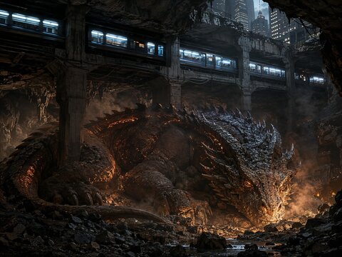 Massive dragon resting in a ruined underground subway station  